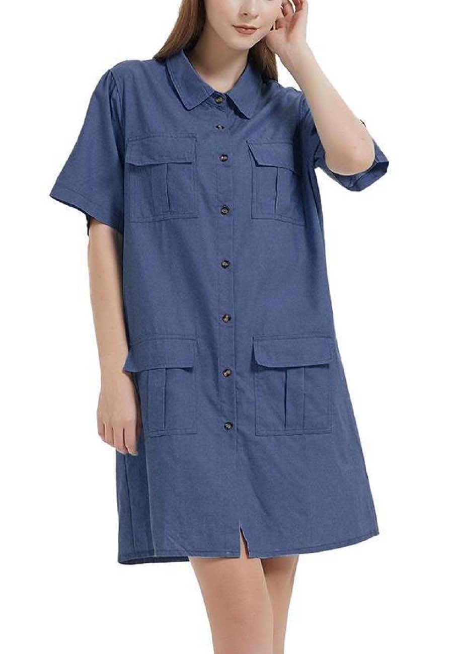 Short Sleeve Jean Shirt Dress Button Down