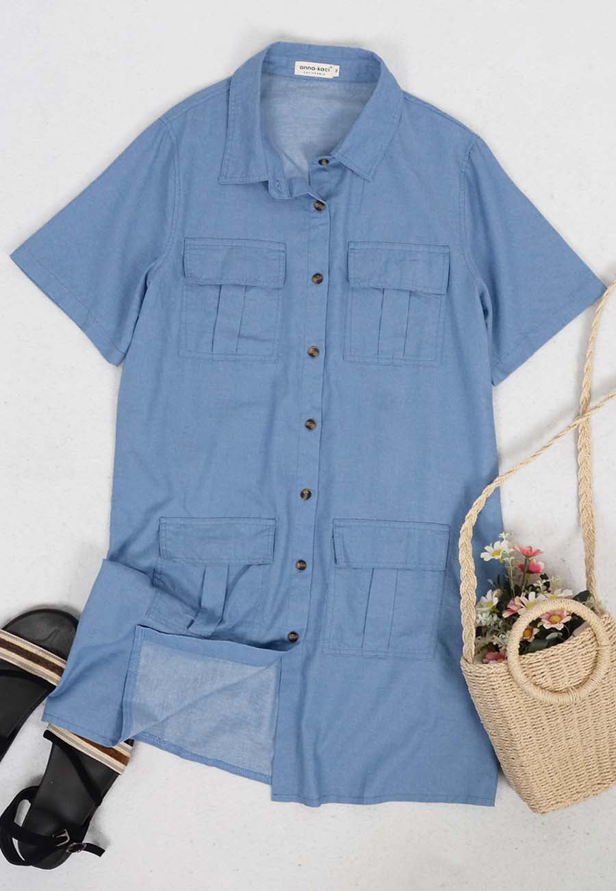 Short Sleeve Jean Shirt Dress Button Down