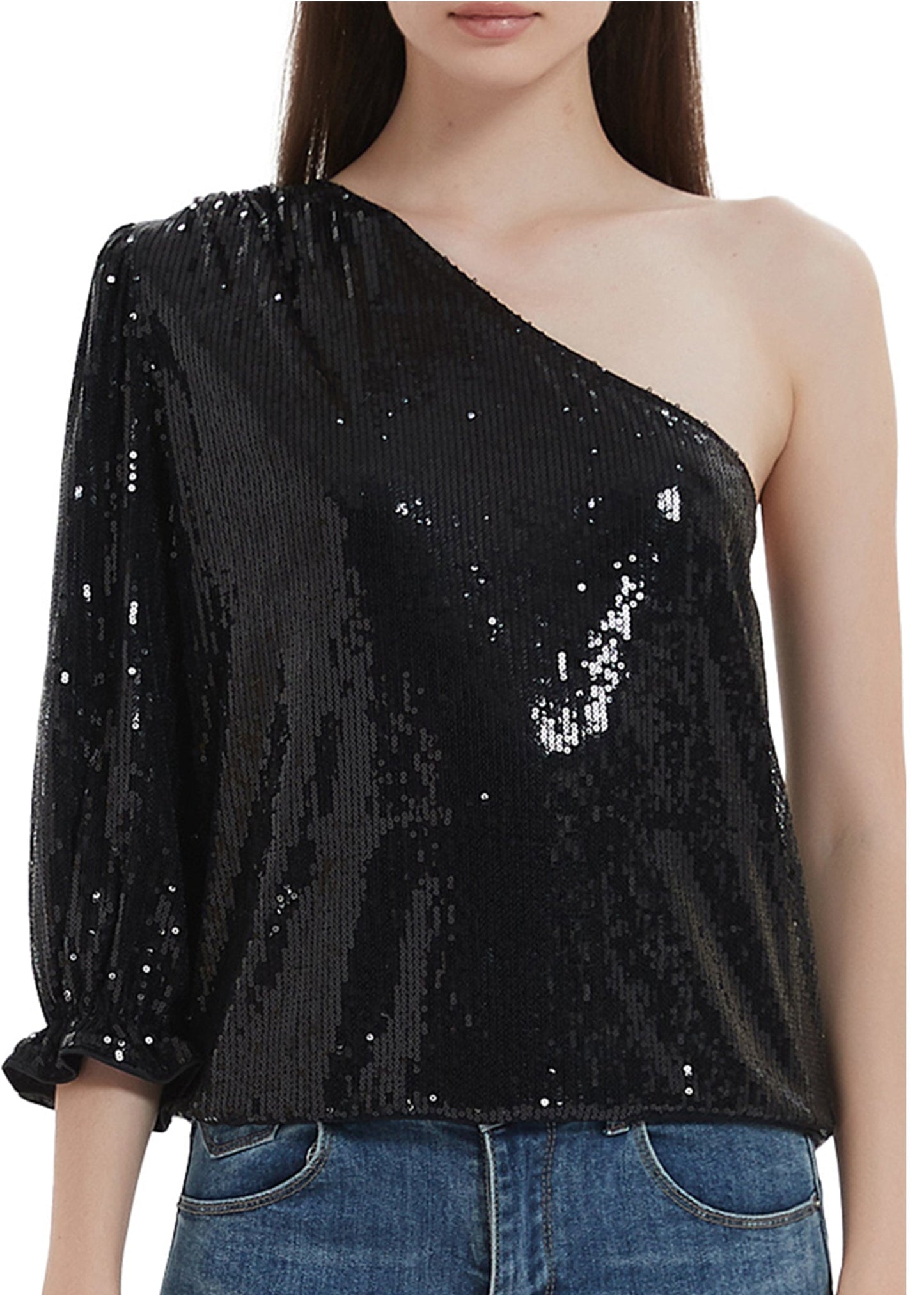 Anna-Kaci Summer Sparkle Sequins One Shoulder Top Blouse Cocktail Casual Glitter Sequined T-Shirt Tops