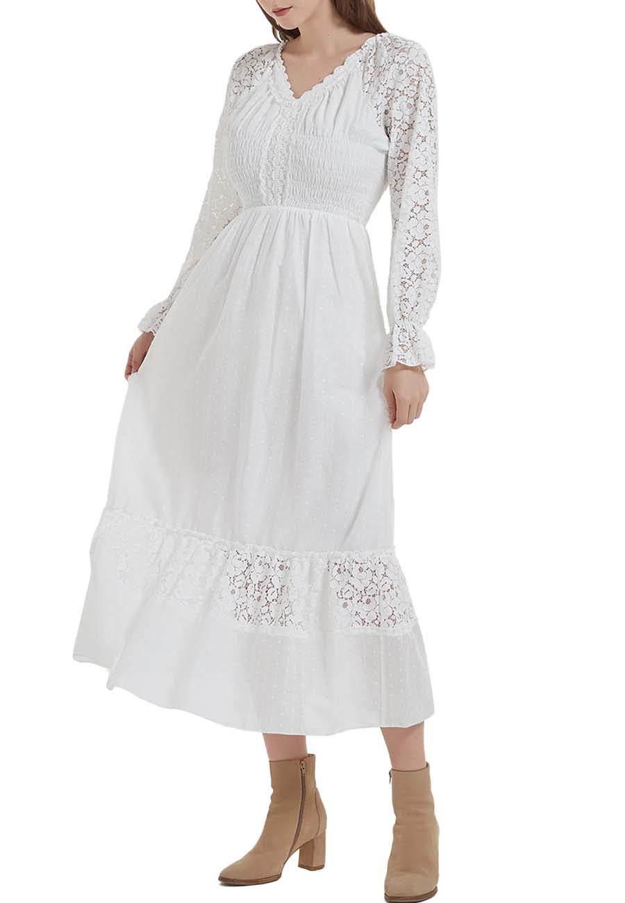 Womens Lace Long Sleeve V Neck Fall Maxi Dress