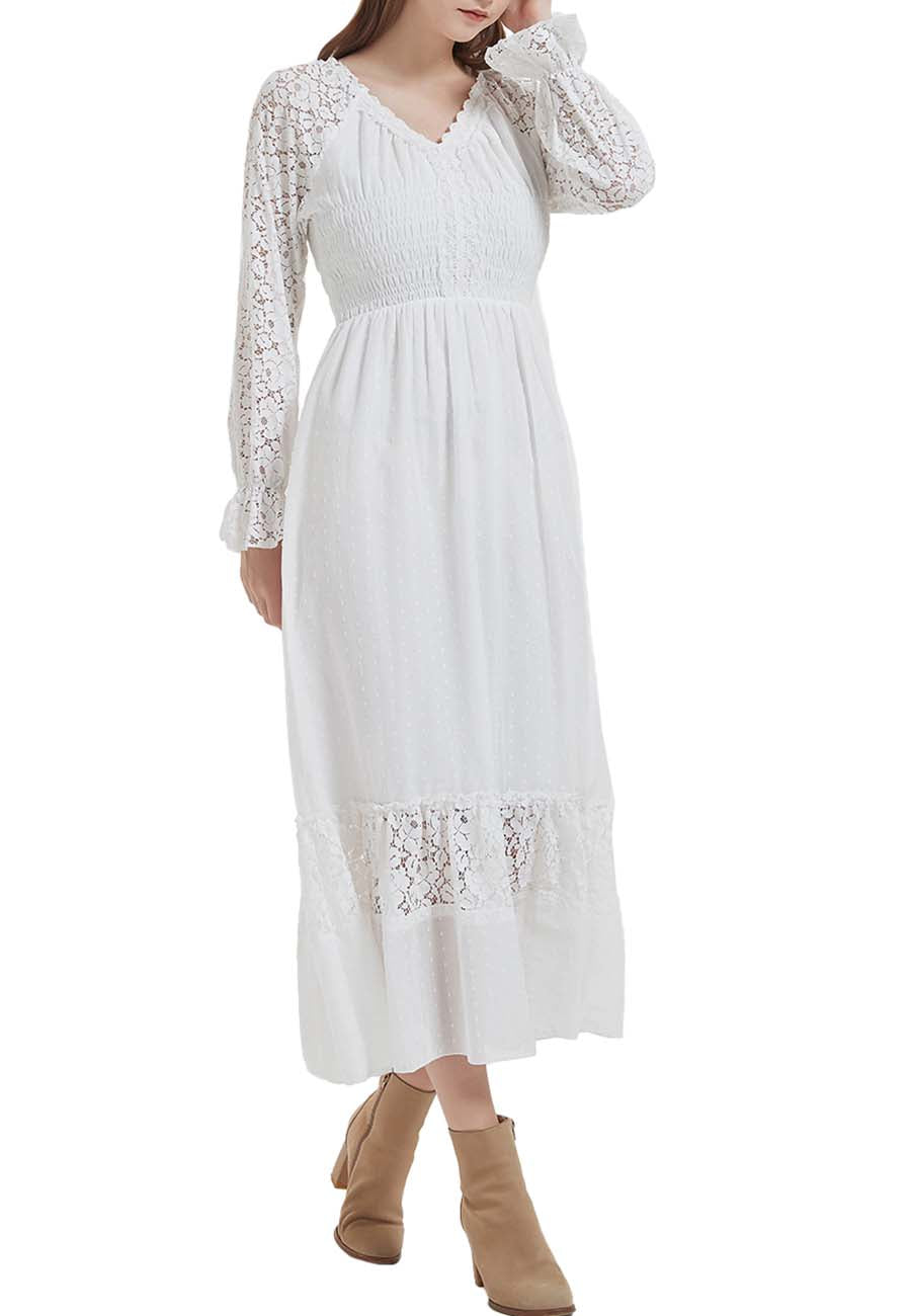 Womens Lace Long Sleeve V Neck Fall Maxi Dress