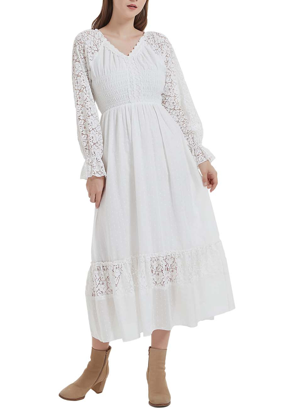 Womens Lace Long Sleeve V Neck Fall Maxi Dress