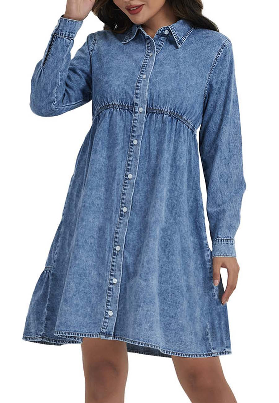 Button-Down Tiered Denim Shirt Dress