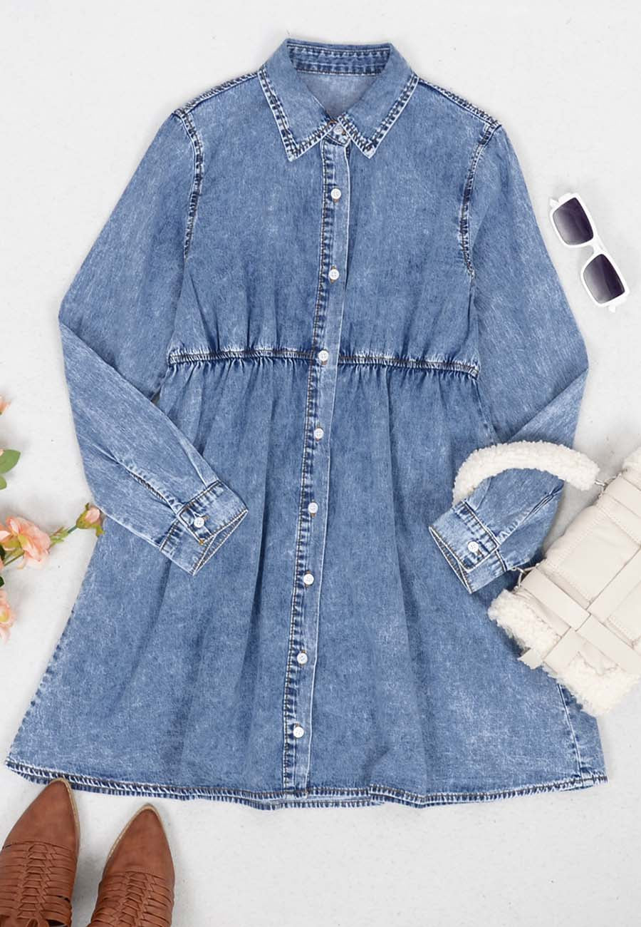 Button-Down Tiered Denim Shirt Dress