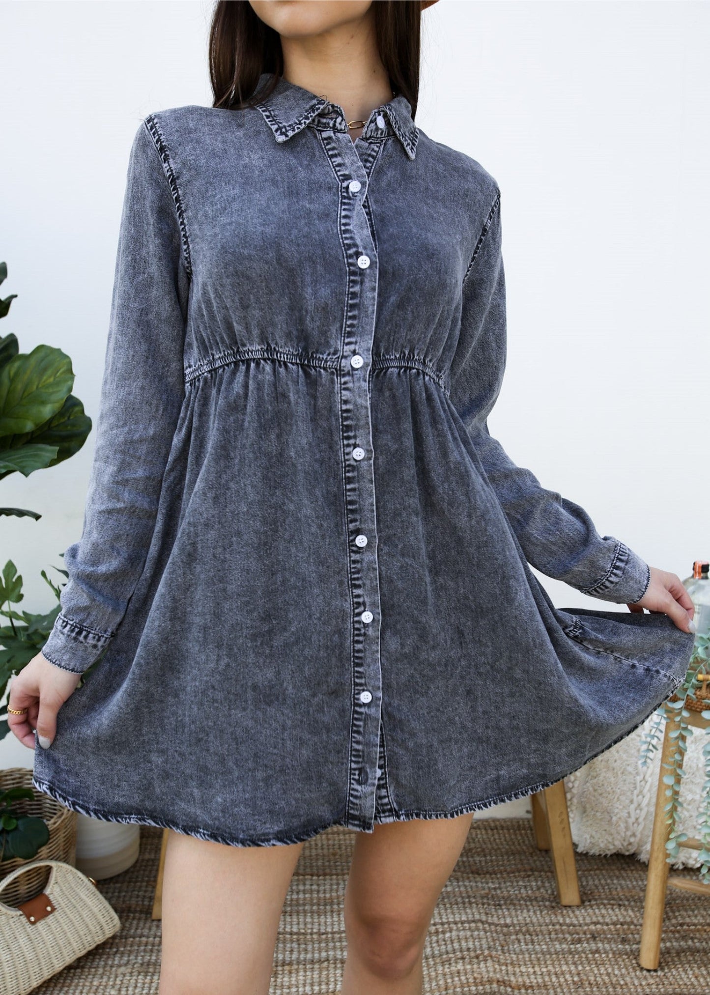 Button-Down Tiered Denim Shirt Dress