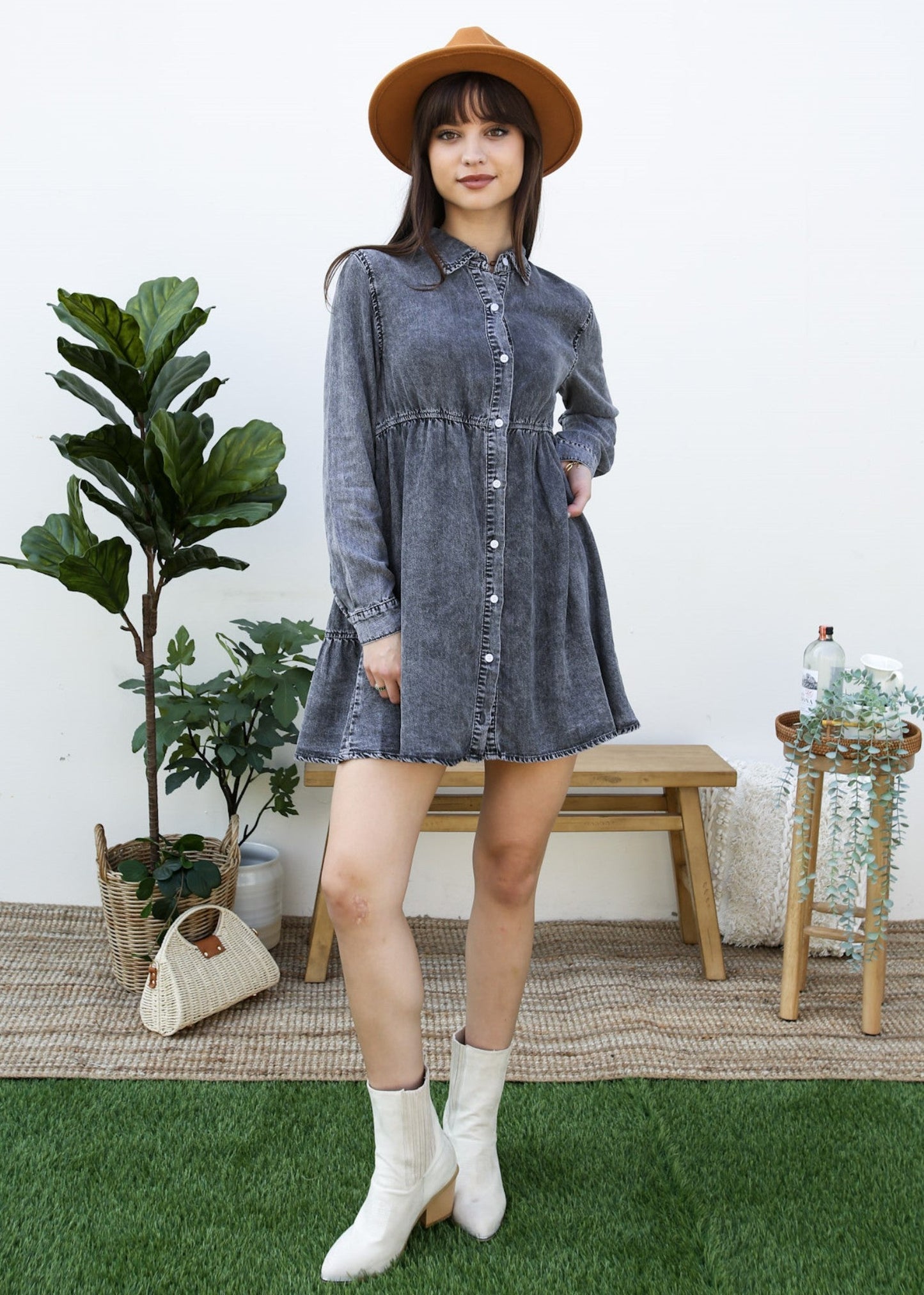 Button-Down Tiered Denim Shirt Dress