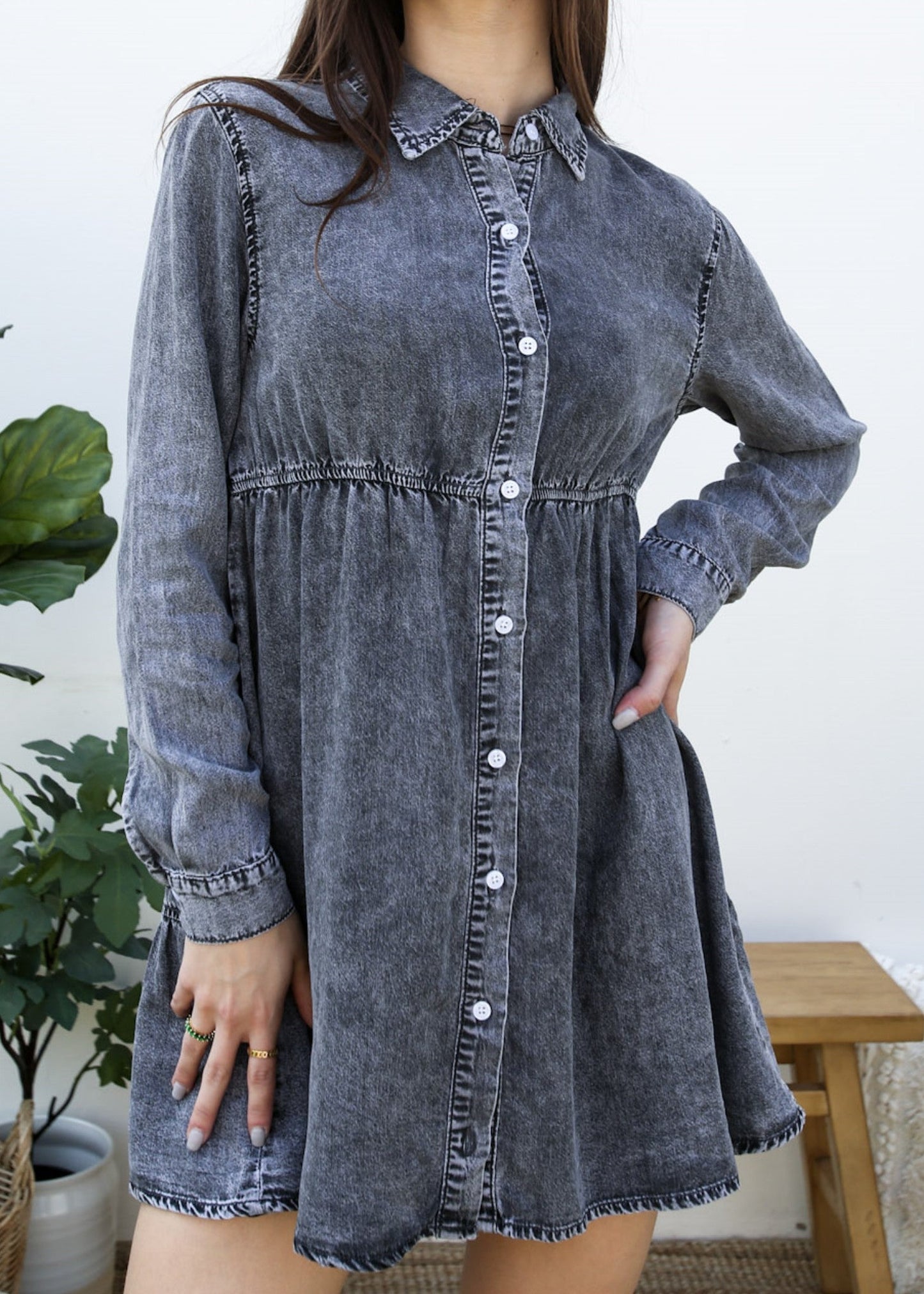 Button-Down Tiered Denim Shirt Dress