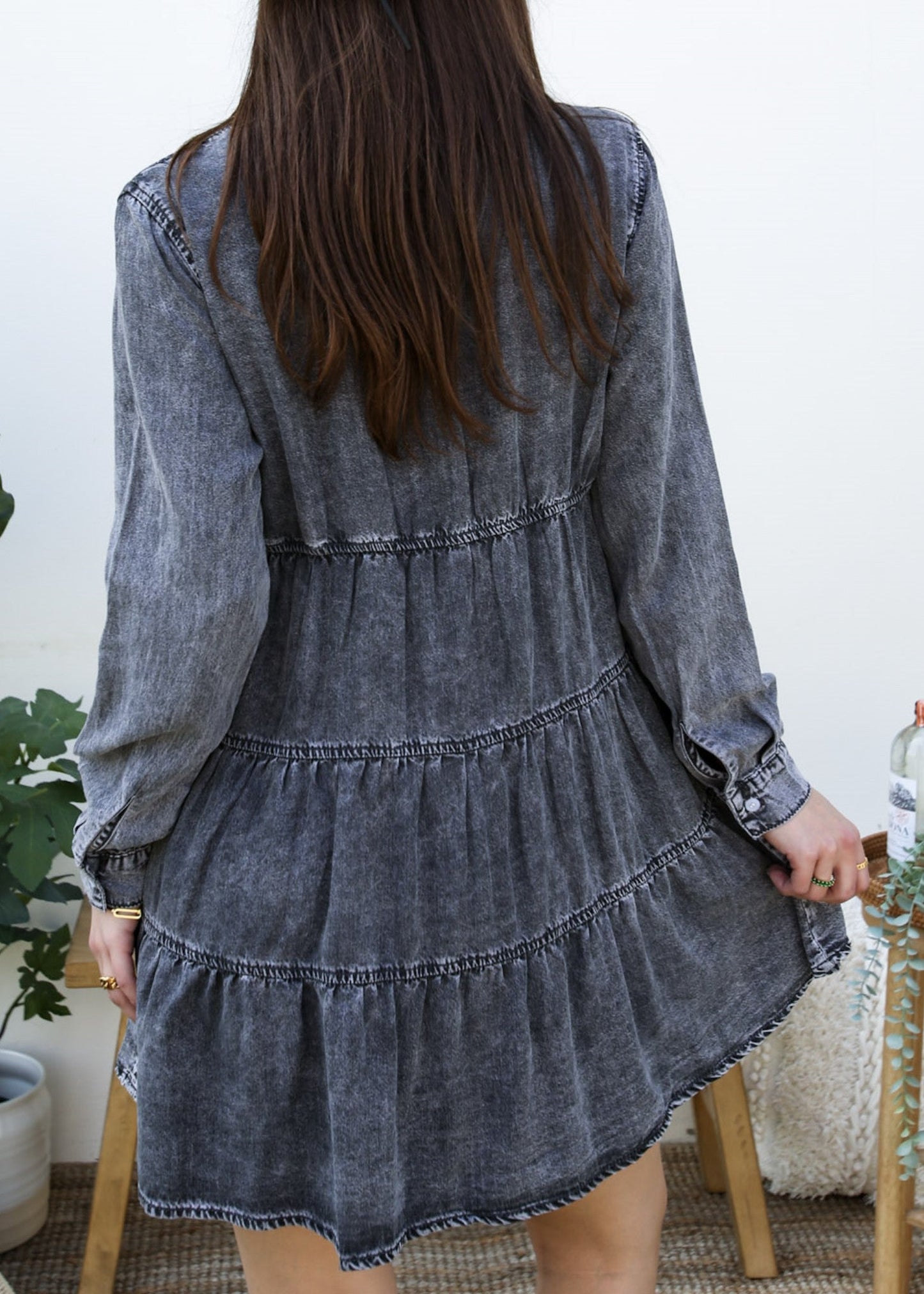 Button-Down Tiered Denim Shirt Dress