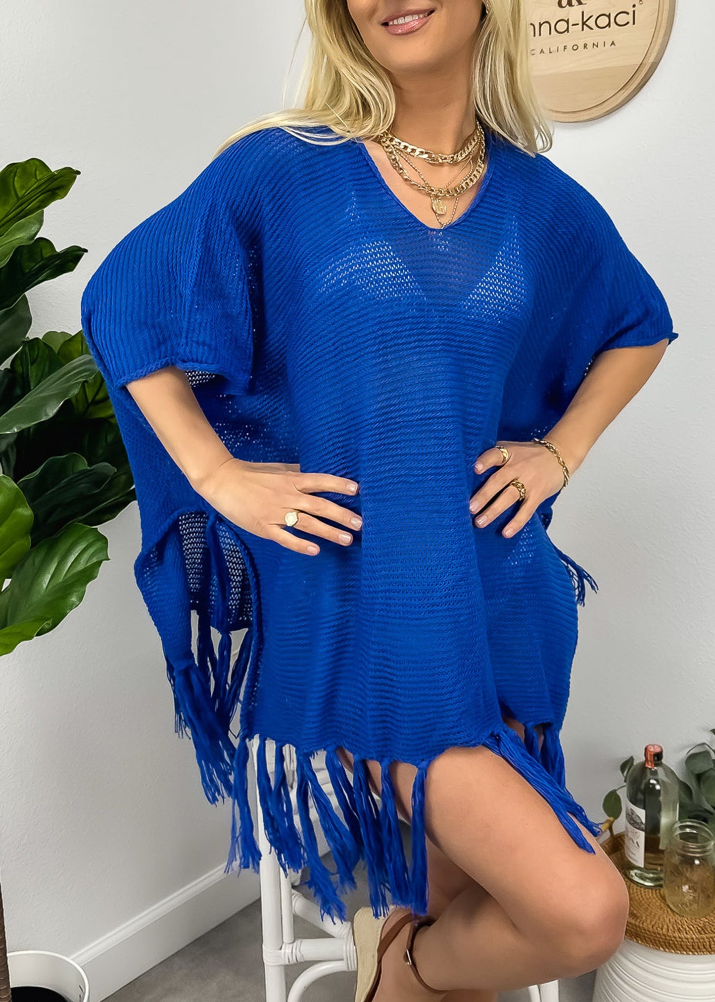 V Neck Swimsuit Cover Ups Loose Beach Bathing Suit Dress - Blue