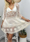 Contrast Embroidered Lace V Neck Bikini Cover Up Beach Mini Dress with Half Sleeve - White