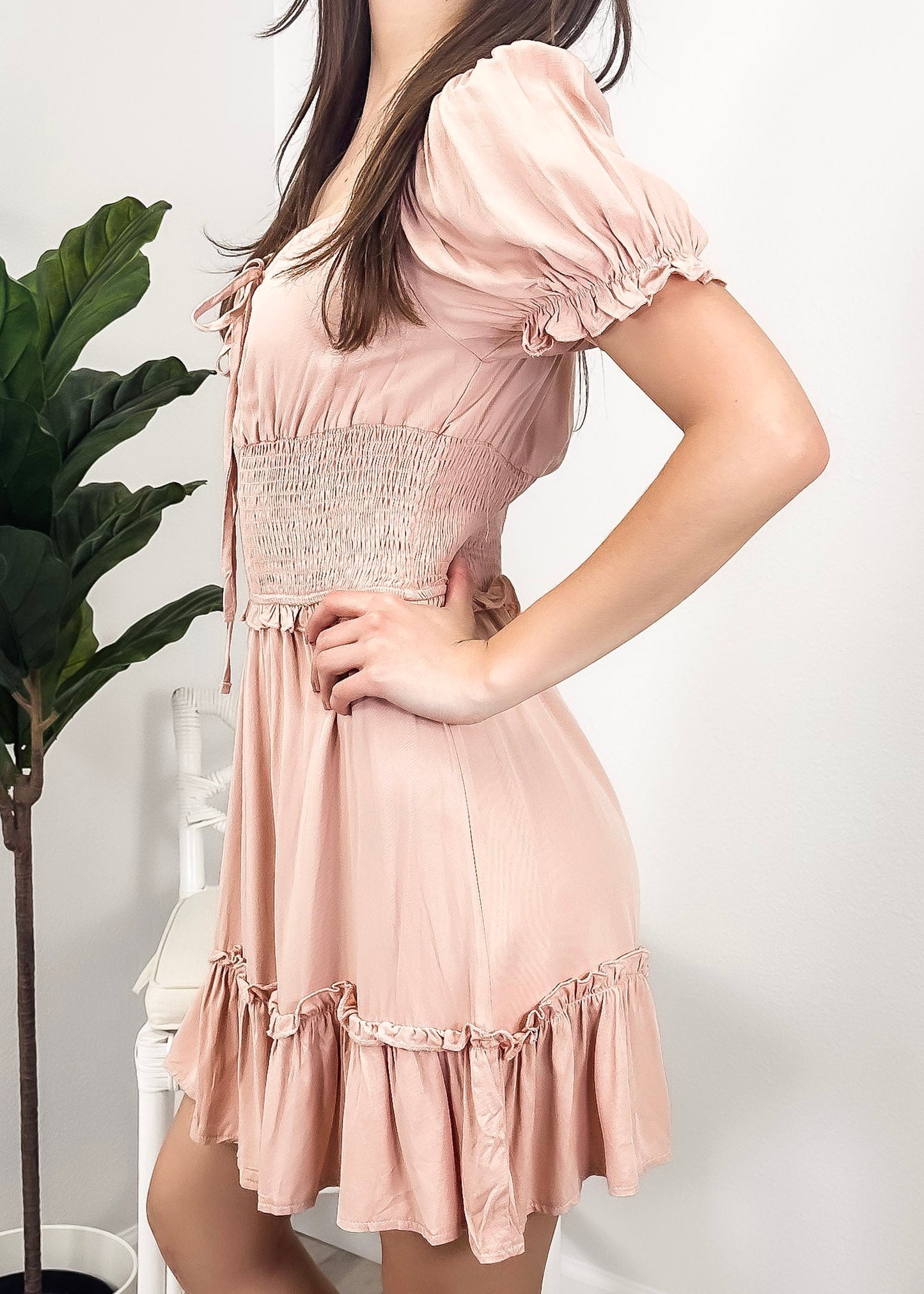 Ruffle Sleeve Drawstring Square Neck Mini Dress