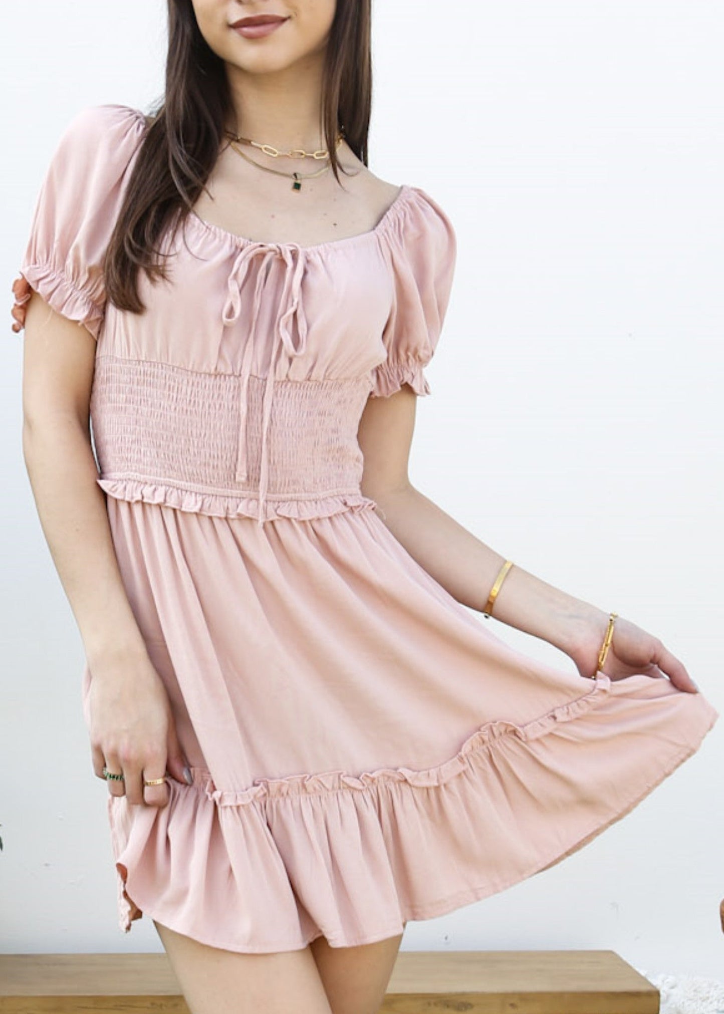 Ruffle Sleeve Drawstring Square Neck Mini Dress
