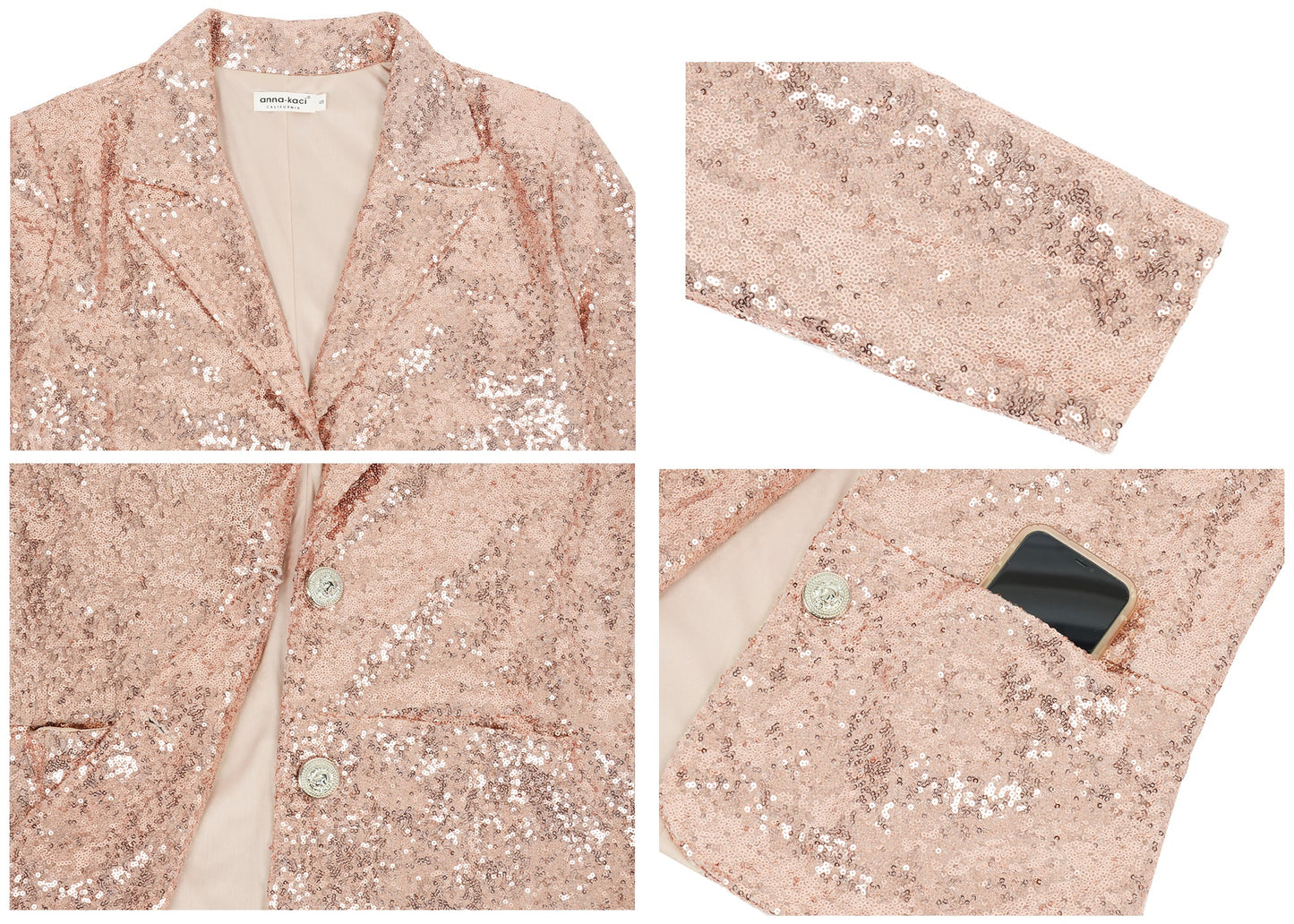 Anna-Kaci Women's Long Sleeve Sequin Blazer Jackets Casual Sparkly Coat with Pocket