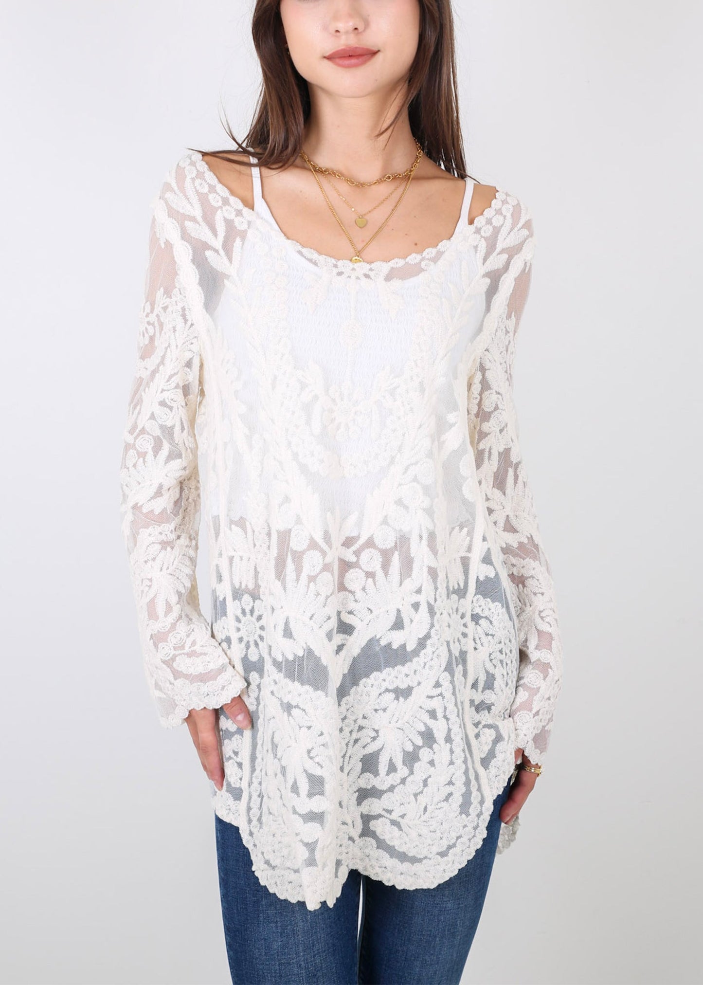 Contrast Embroidered Lace V Neck Bikini Cover Up Beach Mini Dress with Half Sleeve - White