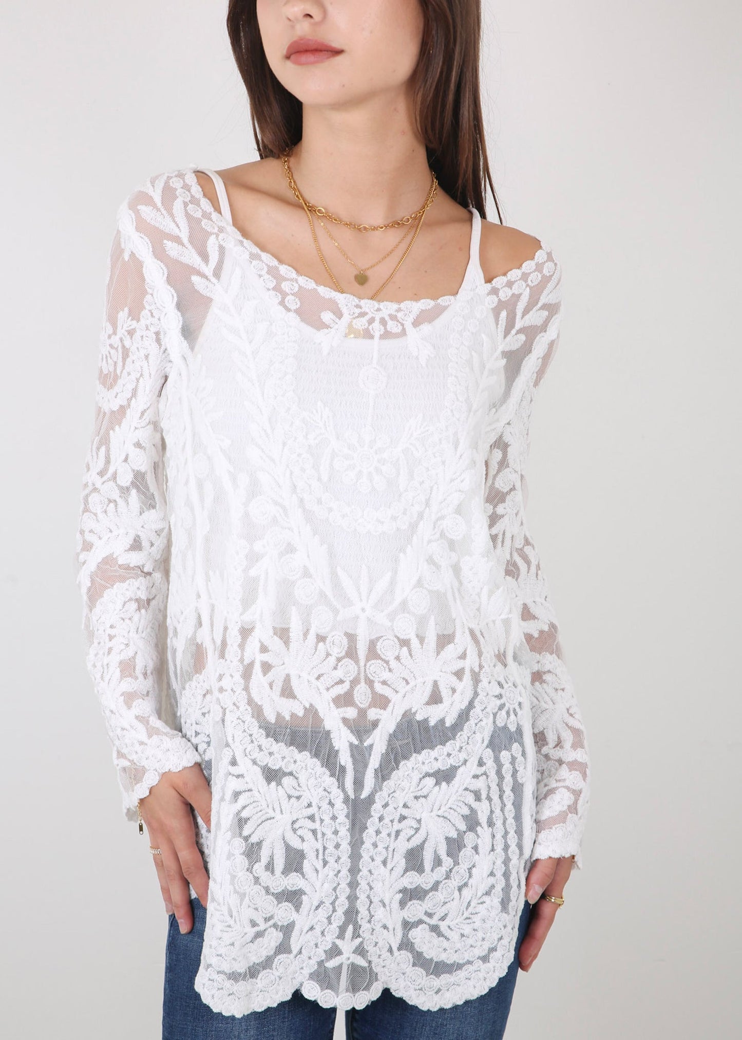 Contrast Embroidered Lace V Neck Bikini Cover Up Beach Mini Dress with Half Sleeve - White