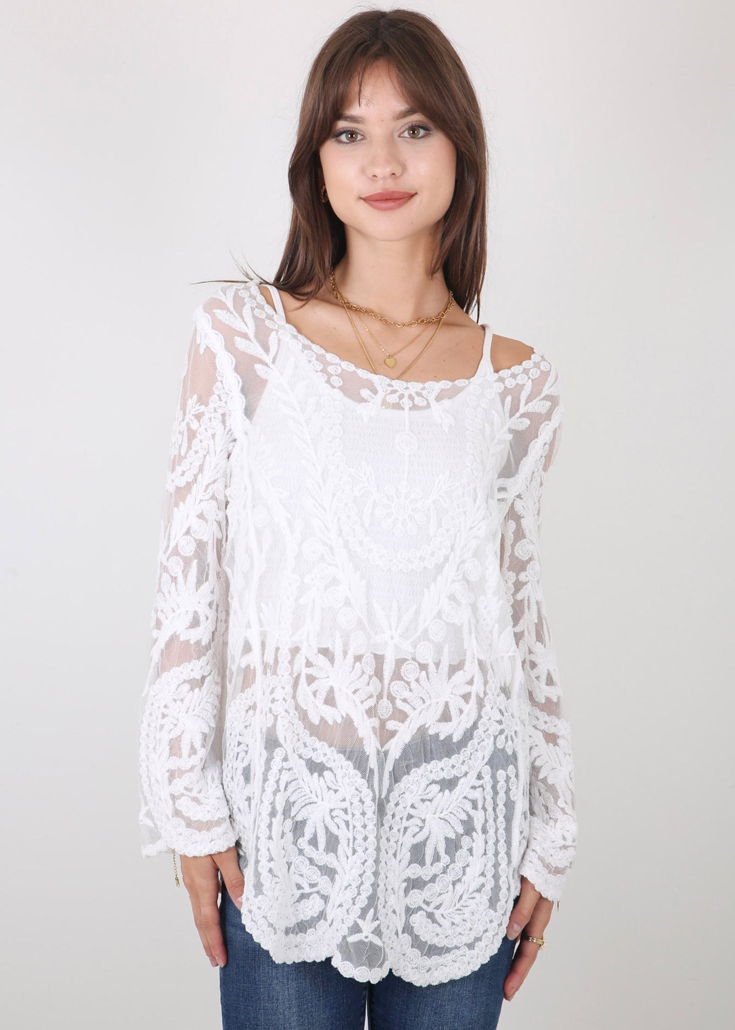 Contrast Embroidered Lace V Neck Bikini Cover Up Beach Mini Dress with Half Sleeve - White