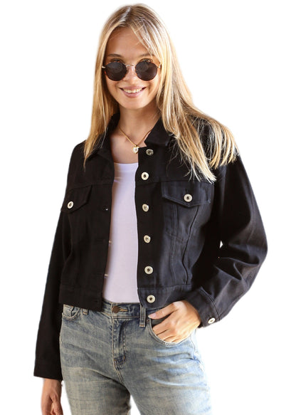 Cropped Button Down Denim Jean Jacket with Pockets