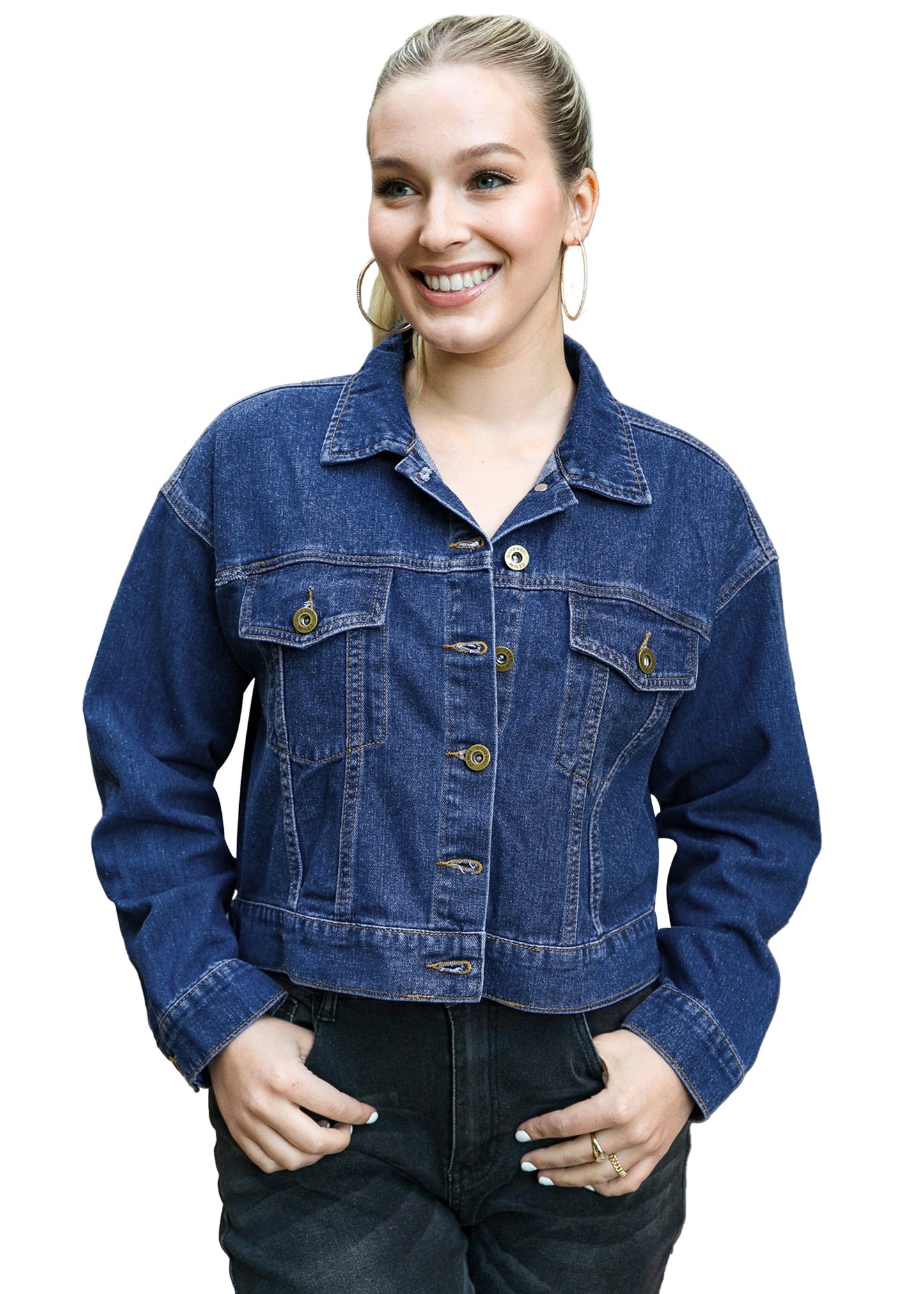 Cropped Button Down Denim Jean Jacket with Pockets