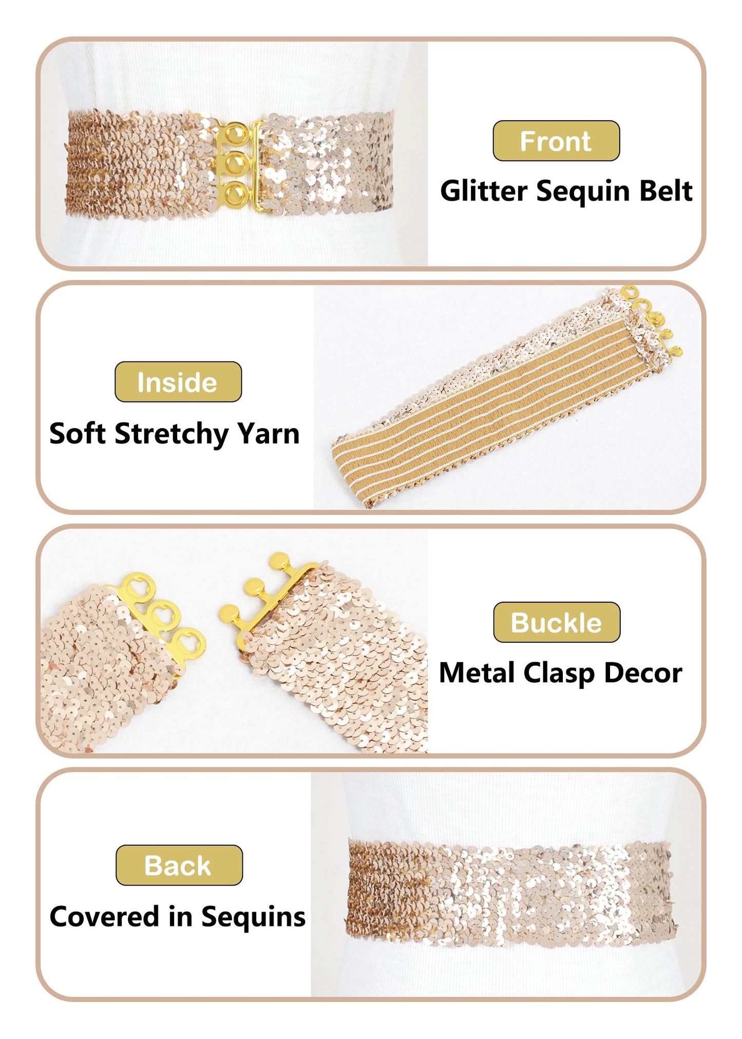 Anna-Kaci Women Glitter Sequin Belts Stretchy Sparkly Cinch Belt Disco Party Costume Elastic Waist Accessory