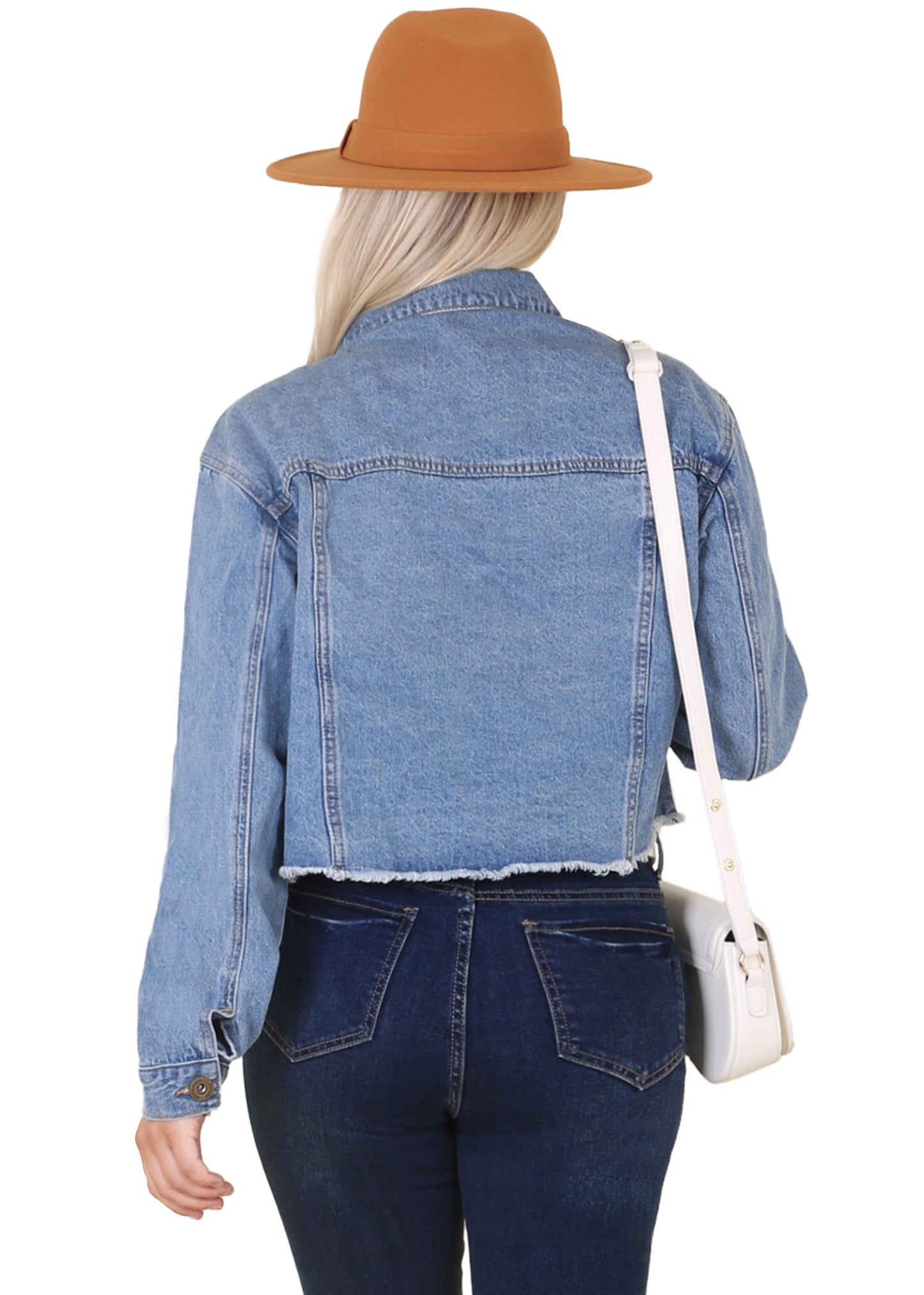 Cropped Raw Hem Denim Jacket with Pockets