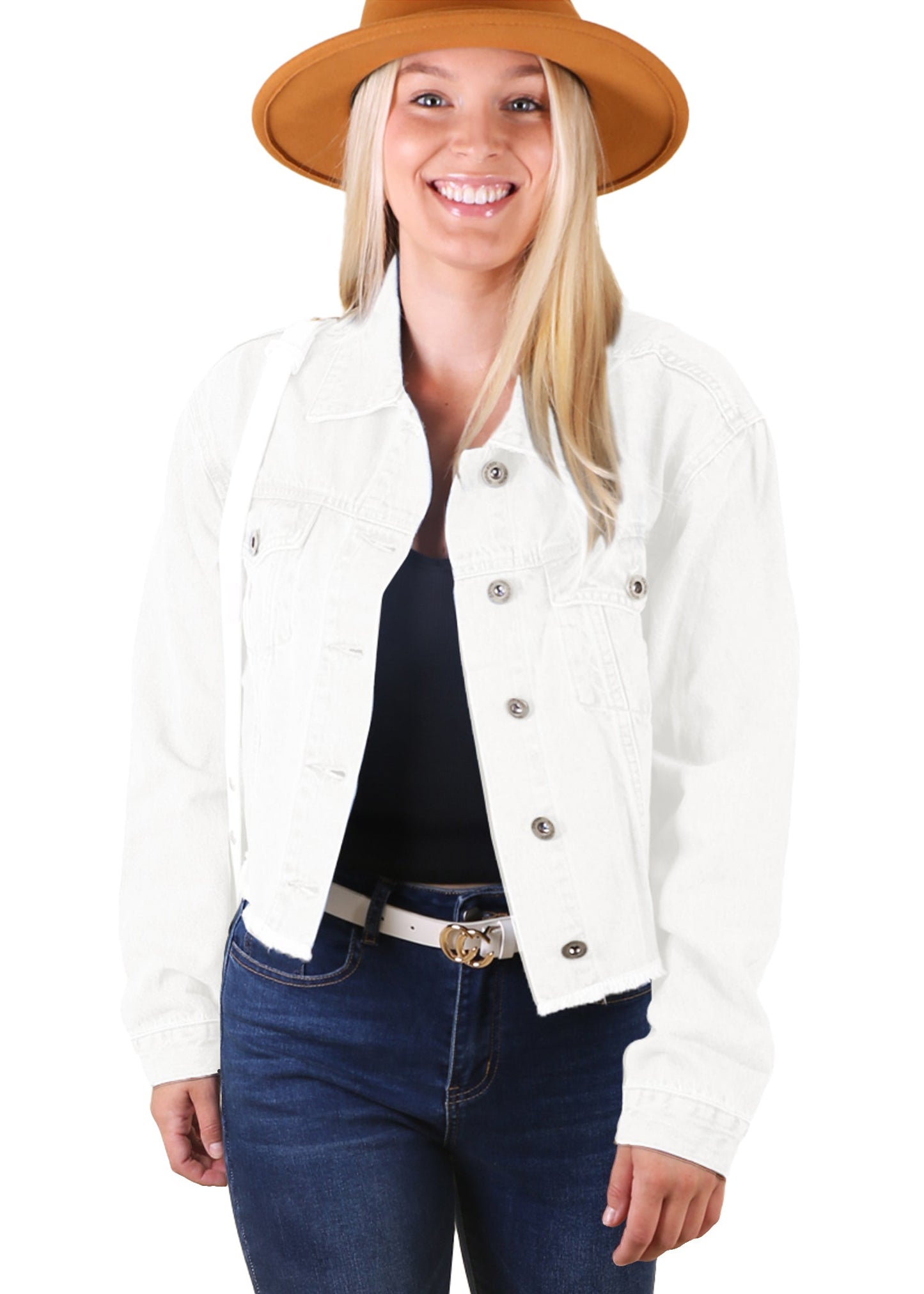 Cropped Raw Hem Denim Jacket with Pockets