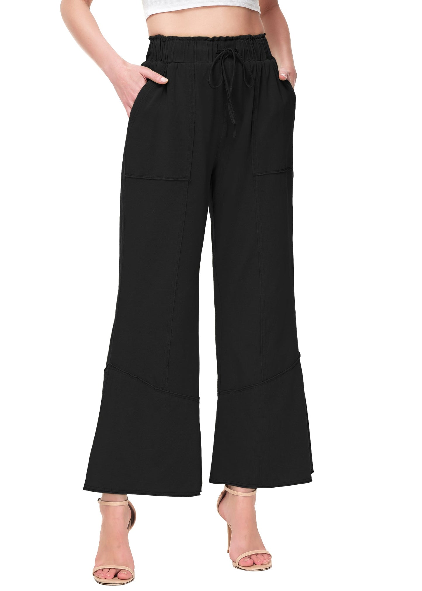 Anna-Kaci Womens High Waist Drawstring Wide Leg Long Pants Casual Loose Soft Ladies Pants with Pockets