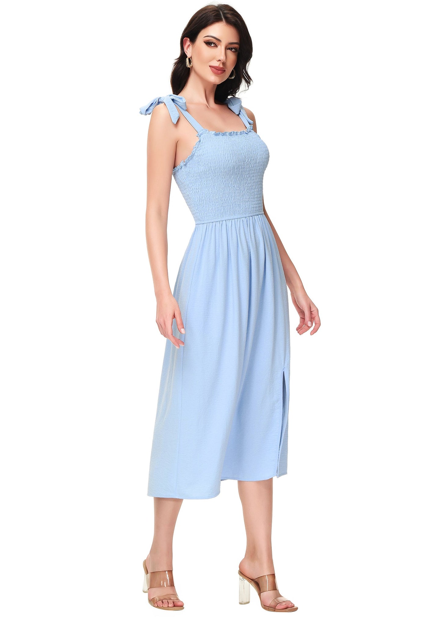 Anna-Kaci Women's Boho Summer Sleeveless Tie Straps Square Neck Smocked Split Midi Dress with Pockets
