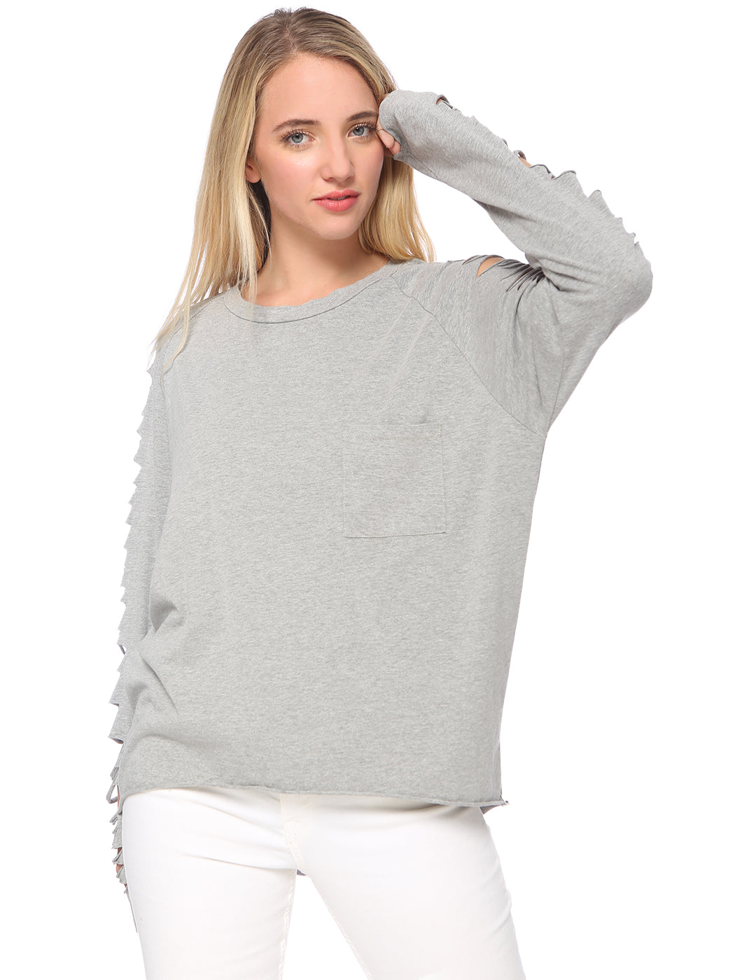 Ripped Long-Sleeve Pullover Top