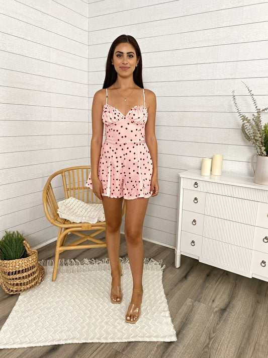 Pink Polka Dot Waist Tying Romper