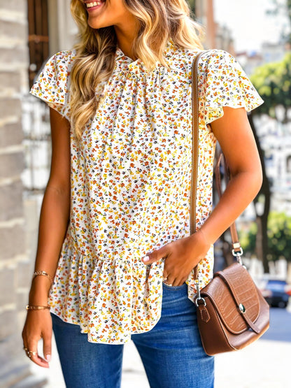 Ruffle Neck Floral Ruffle Blouse