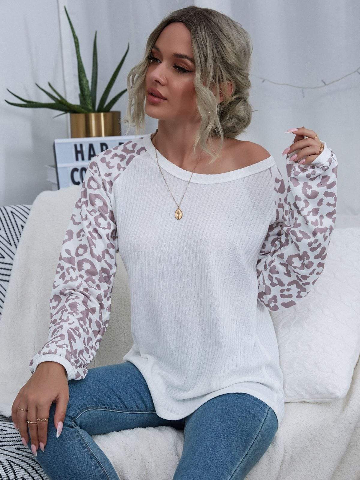 Anna-Kaci Asymmetrical Neck Leopard Print Panel Long Sleeve Tee for Women