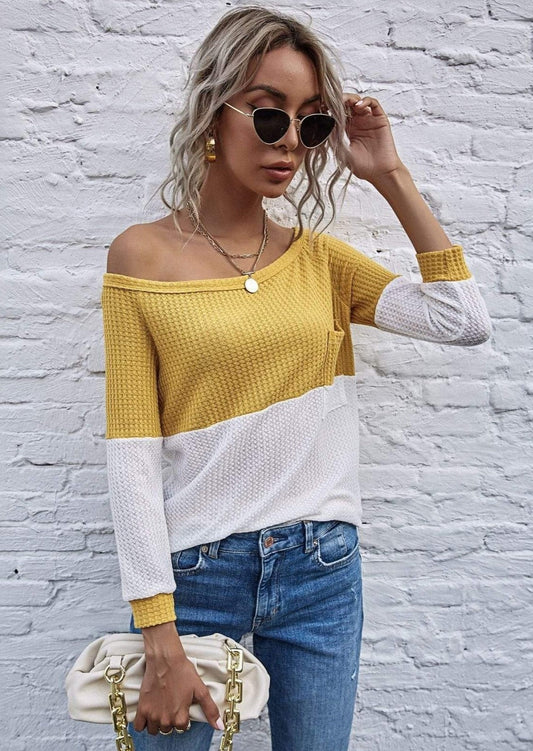 Anna-Kaci Asymmetrical Neck Long Sleeve Solid Color Block Top for Women