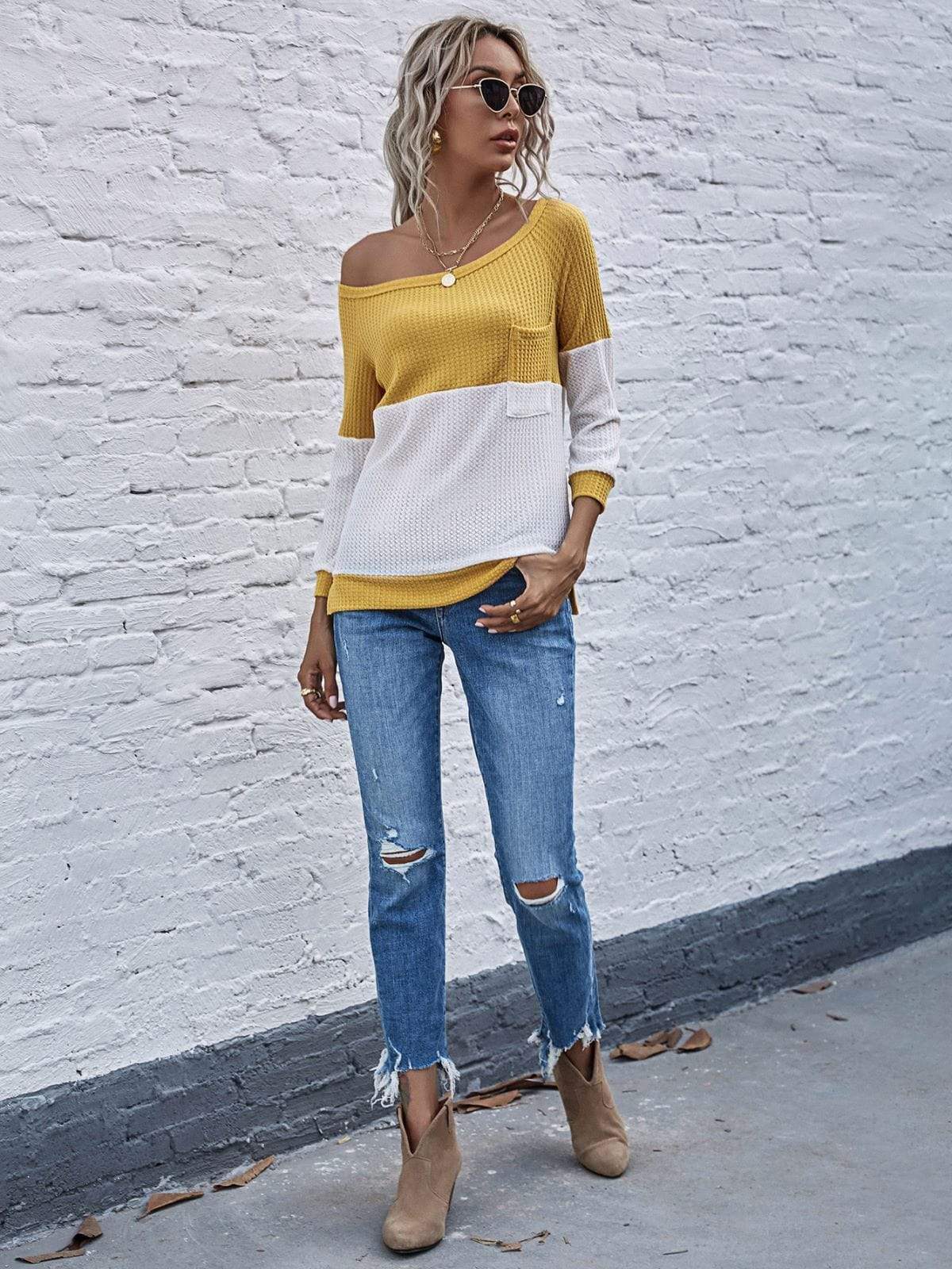 Anna-Kaci Asymmetrical Neck Long Sleeve Solid Color Block Top for Women