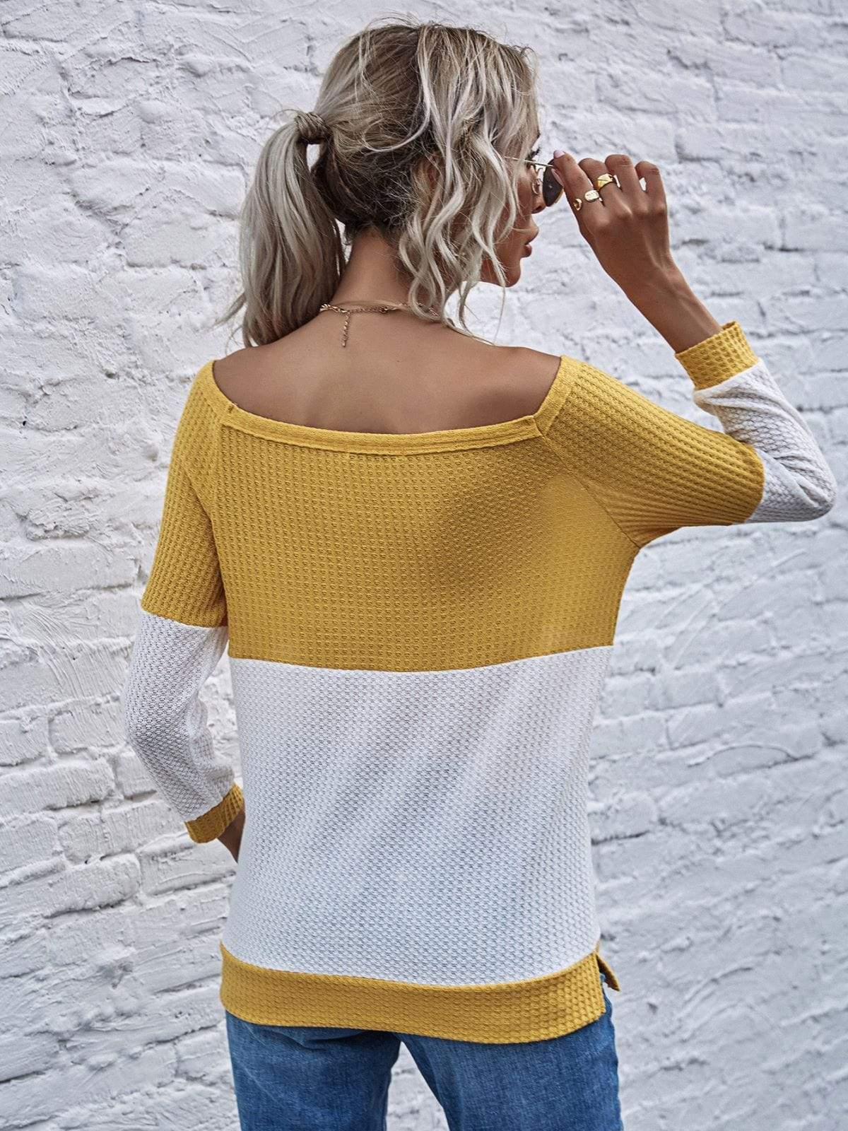 Anna-Kaci Asymmetrical Neck Long Sleeve Solid Color Block Top for Women