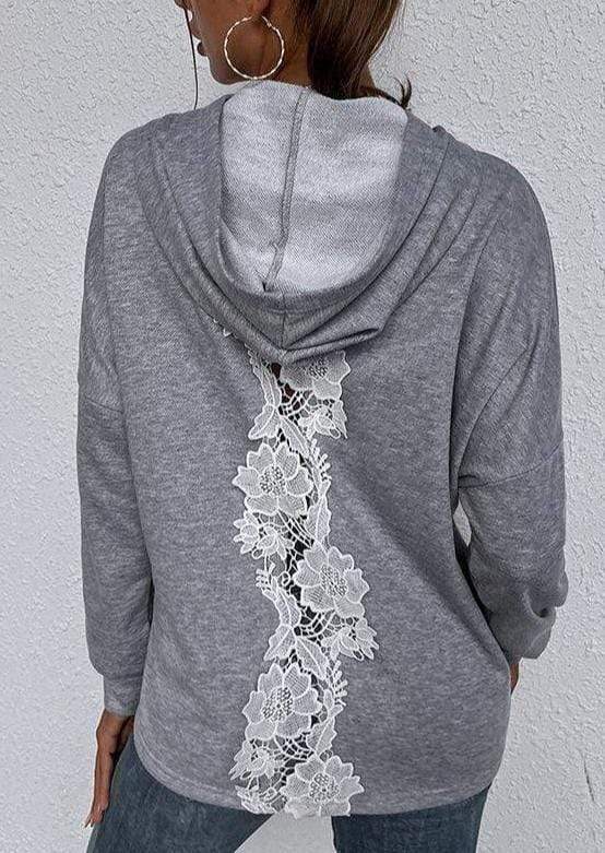 Anna-Kaci Back Lace Crochet Relaxed Fit Gray Hoodie with Pouch Pocket for Women