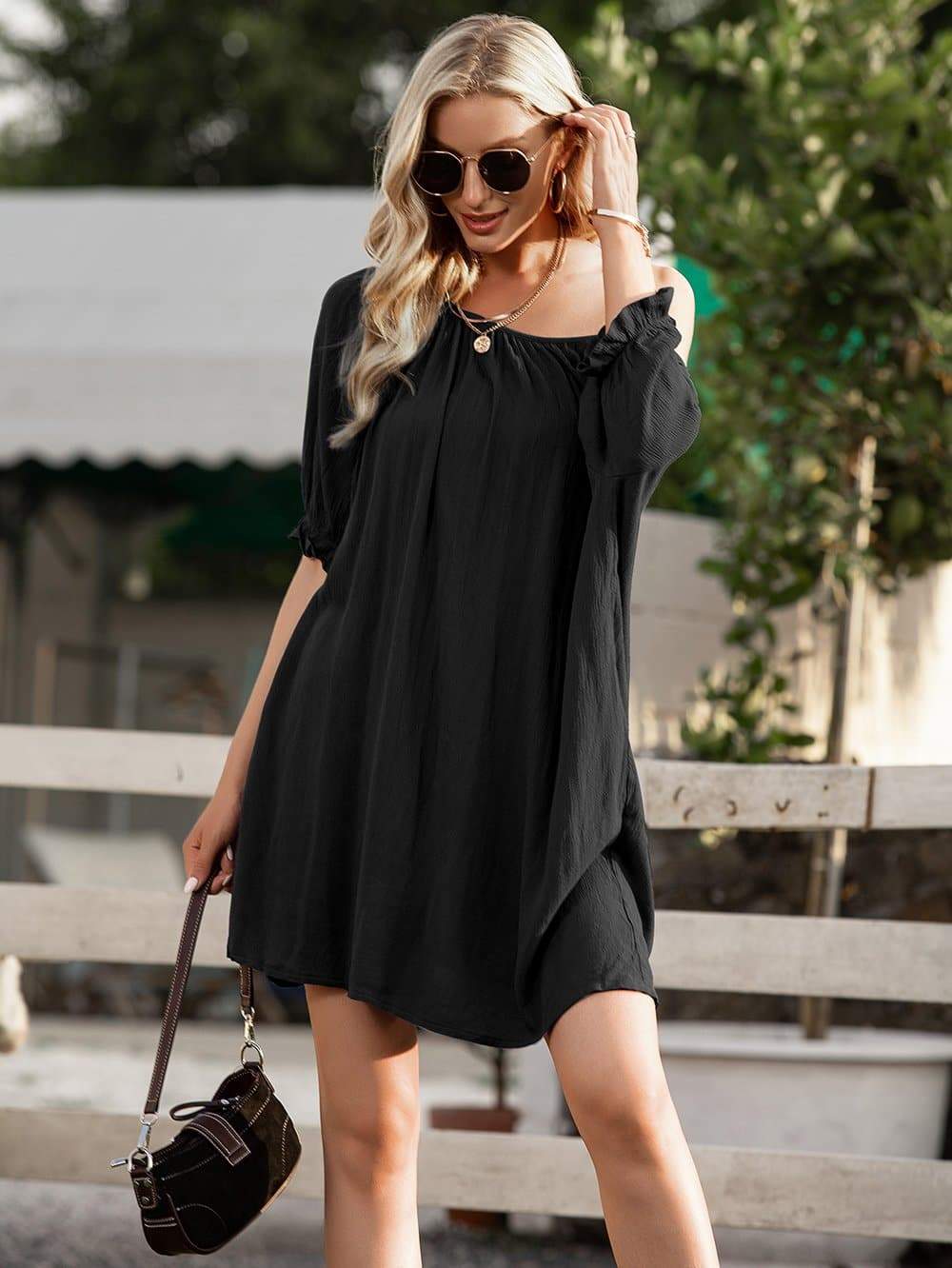 Anna-Kaci Backless Tunic Blouse with Ruffle Half Sleeves and Boat Neckline for Women Small 0-4 / Black