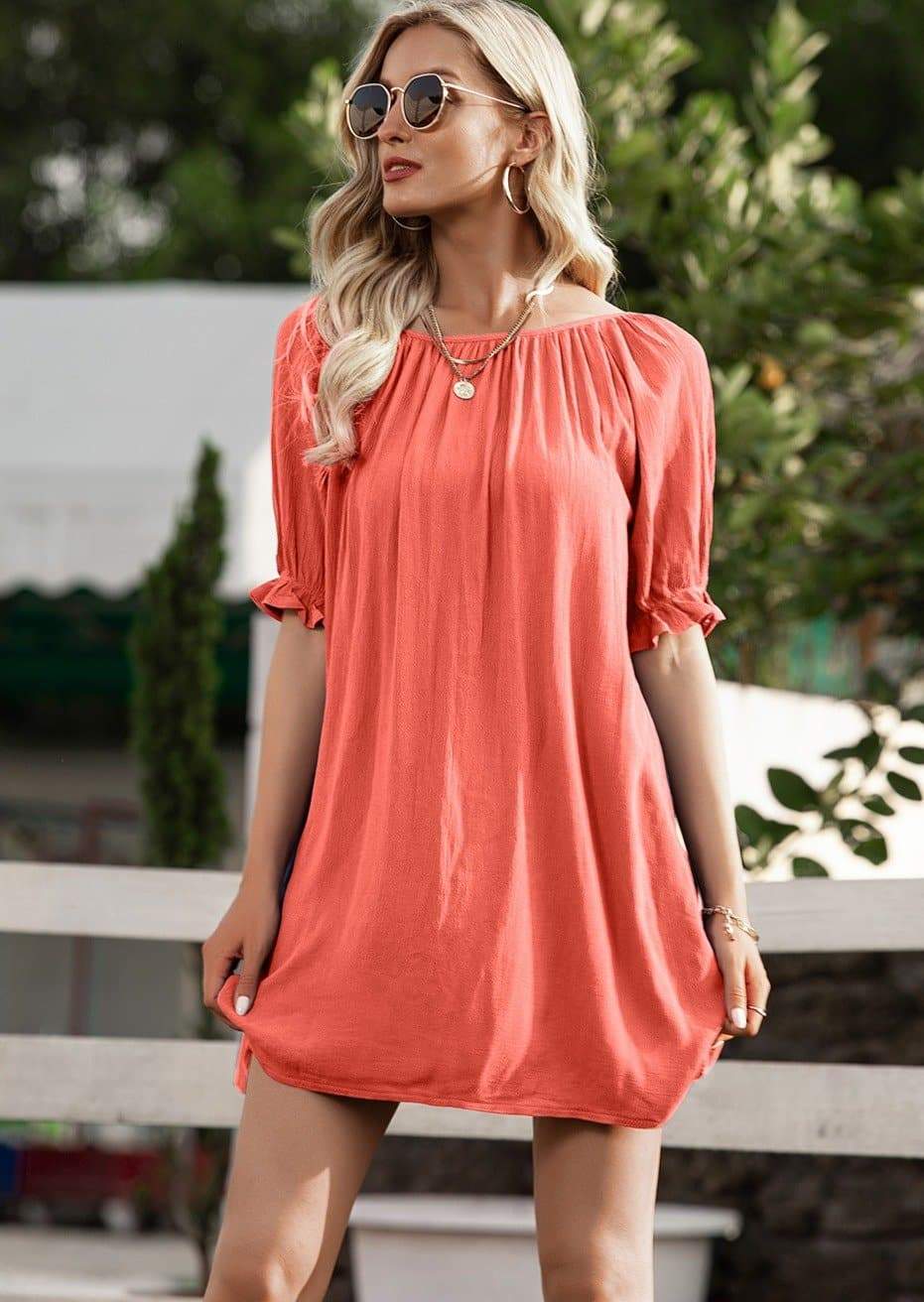 Anna-Kaci Backless Tunic Blouse with Ruffle Half Sleeves and Boat Neckline for Women Small 0-4 / Orange