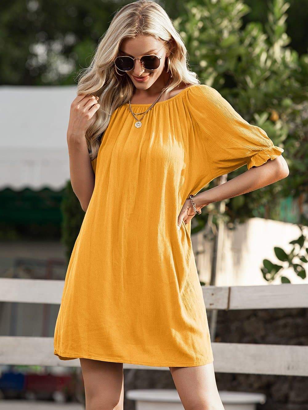 Anna-Kaci Backless Tunic Blouse with Ruffle Half Sleeves and Boat Neckline for Women