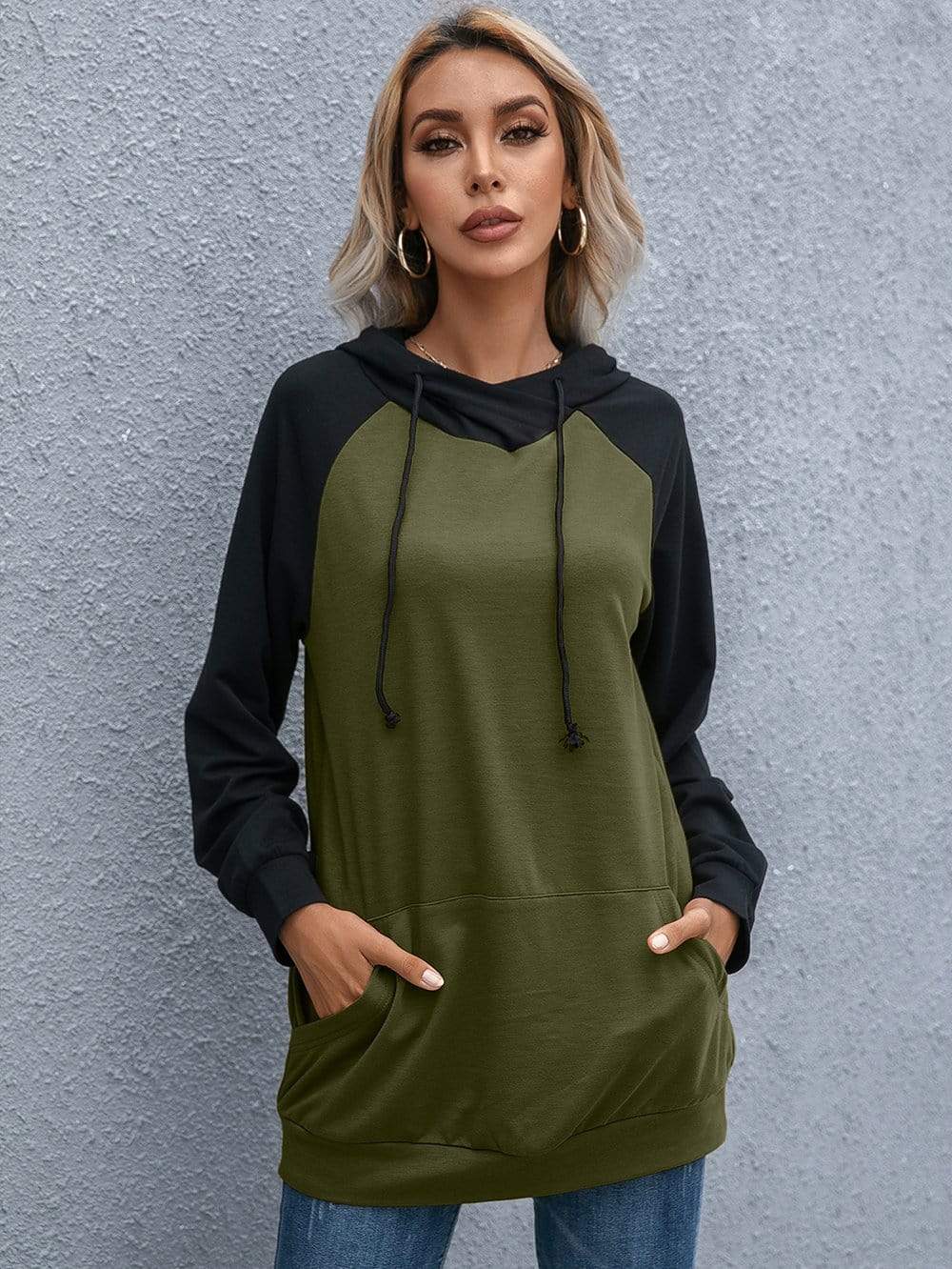 Anna-Kaci Baseball Long Sleeve Hoodie Adjustable Tied String for Women Large 8-10 / Olive Green