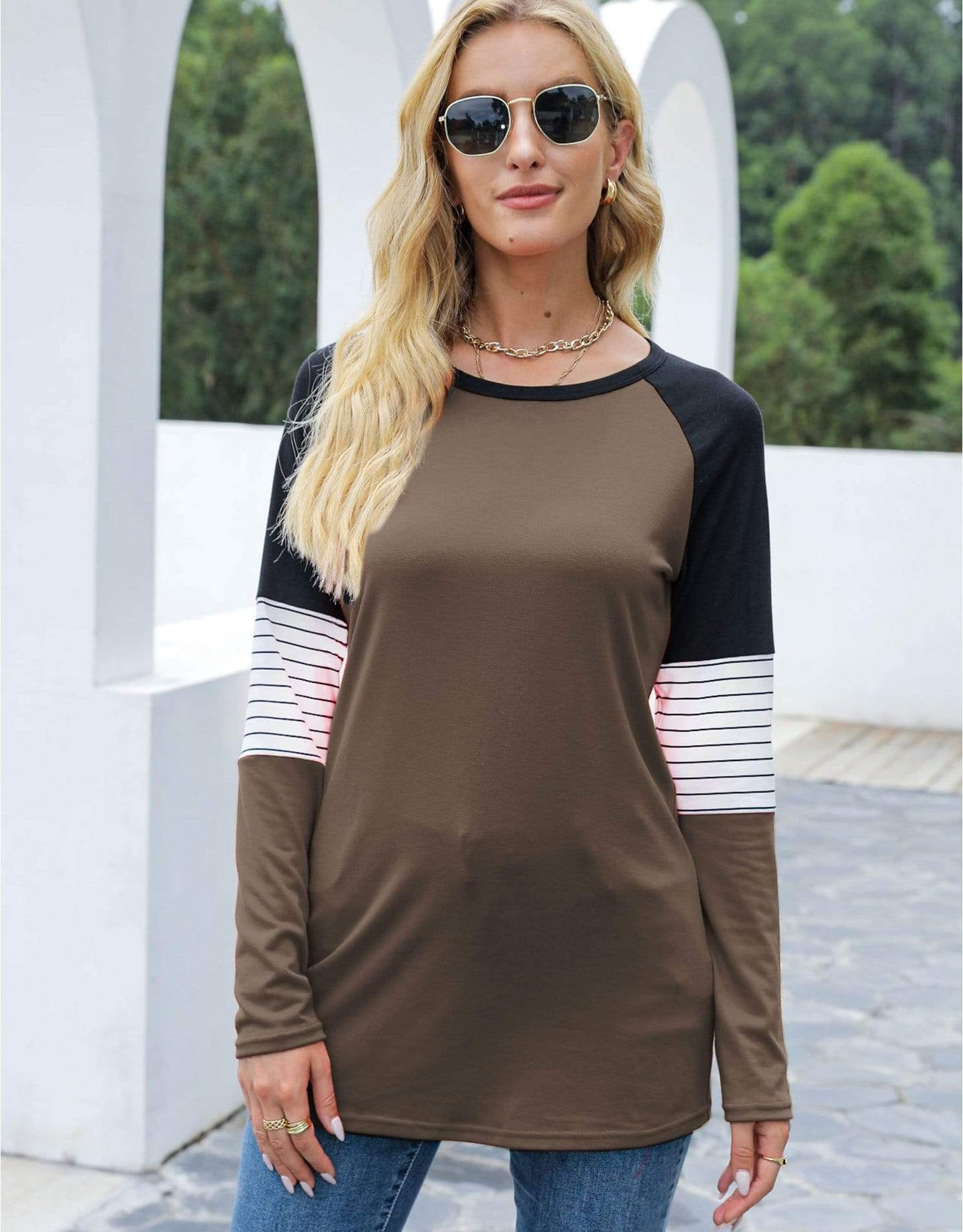 Anna-Kaci Baseball Striped Long Sleeve Top Round Neck for Women