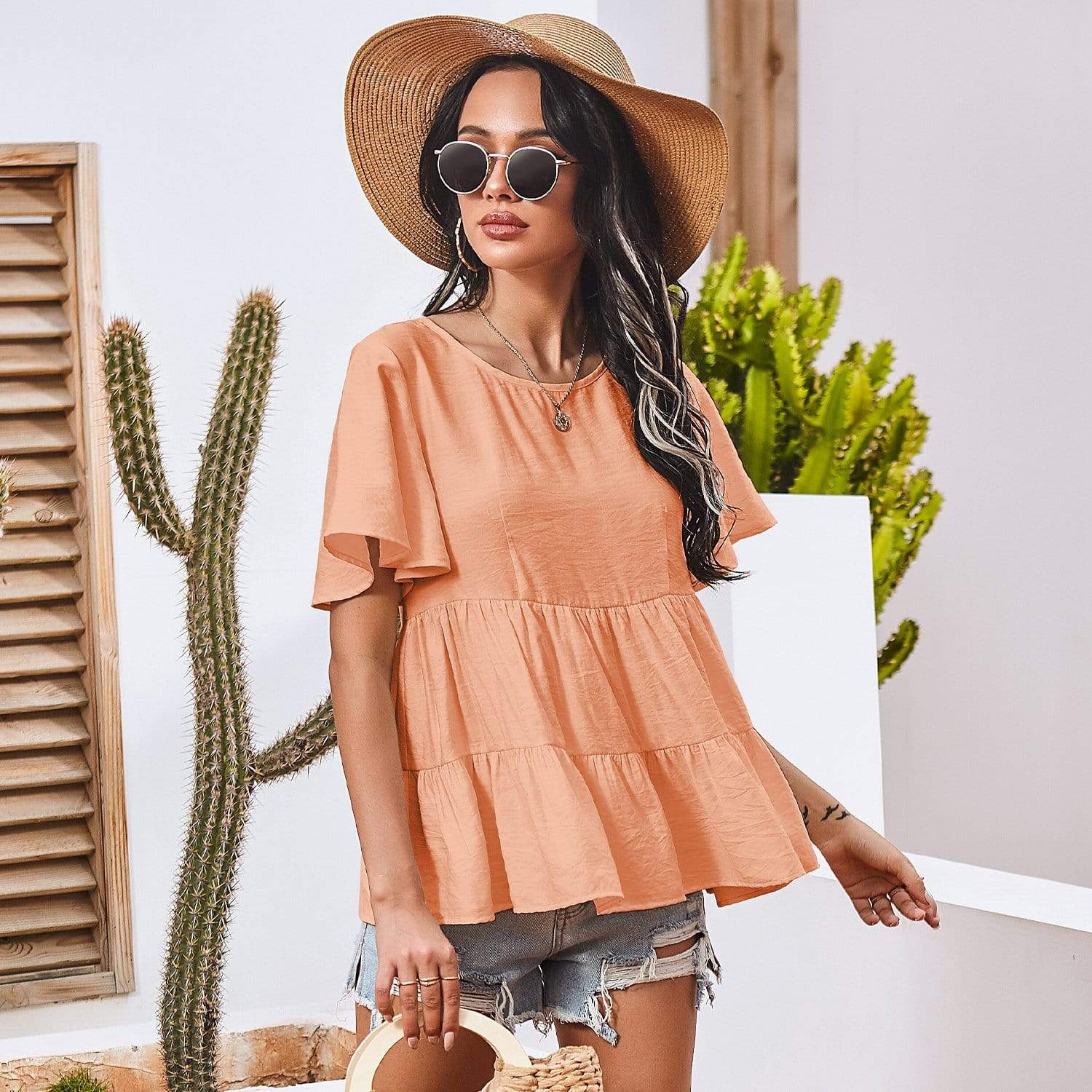 Anna-Kaci Basic Short Sleeve Rufle Tiered Blouse Round Neckline for Women