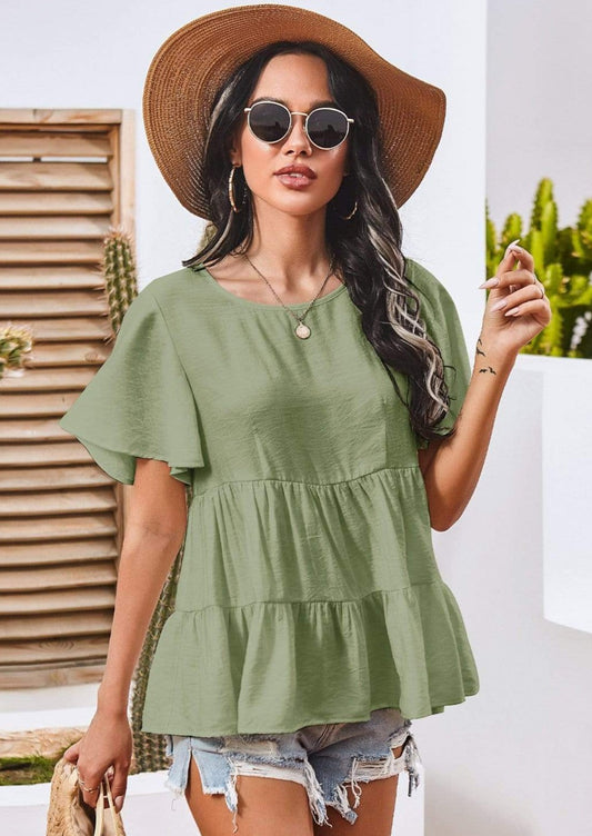 Anna-Kaci Basic Short Sleeve Rufle Tiered Blouse Round Neckline for Women