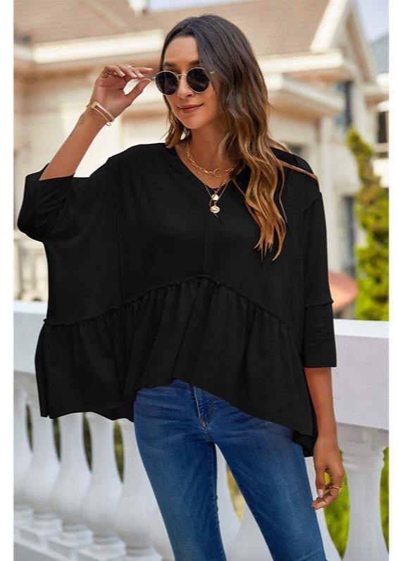 Anna-Kaci Batwing Short Sleeve Ruffle Flare Blouse for Women Large 8-10 / Black