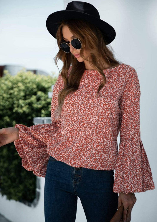 Anna-Kaci Bell Long Sleeve Floral Print Blouse Round neck for Women Large 8-10 / Burgundy