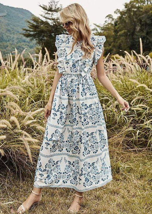 Anna-Kaci Blue Ivory Floral Print Open Back Ruffle Maxi Dress for Women