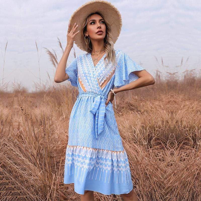 Anna-Kaci Boho Cross Diamond Patterned Midi Dress for Women