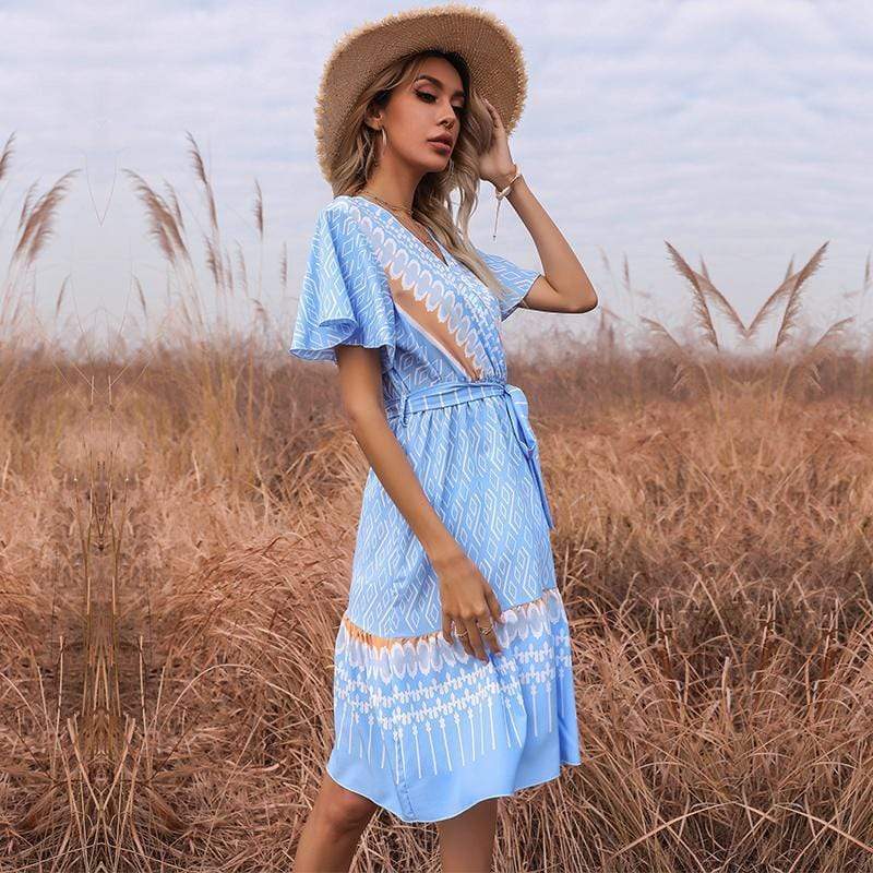 Anna-Kaci Boho Cross Diamond Patterned Midi Dress for Women