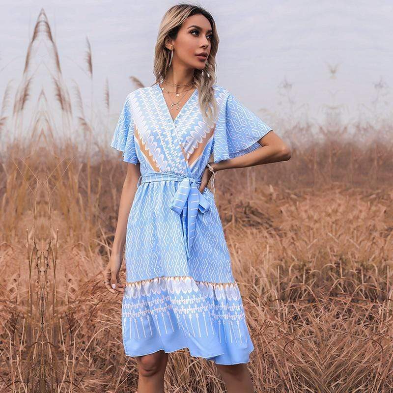 Anna-Kaci Boho Cross Diamond Patterned Midi Dress for Women