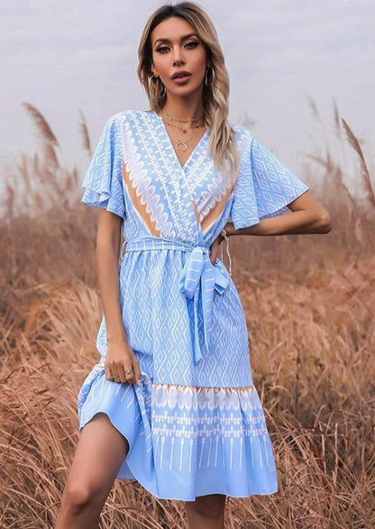 Anna-Kaci Boho Cross Diamond Patterned Midi Dress for Women Large 8-10 / Blue