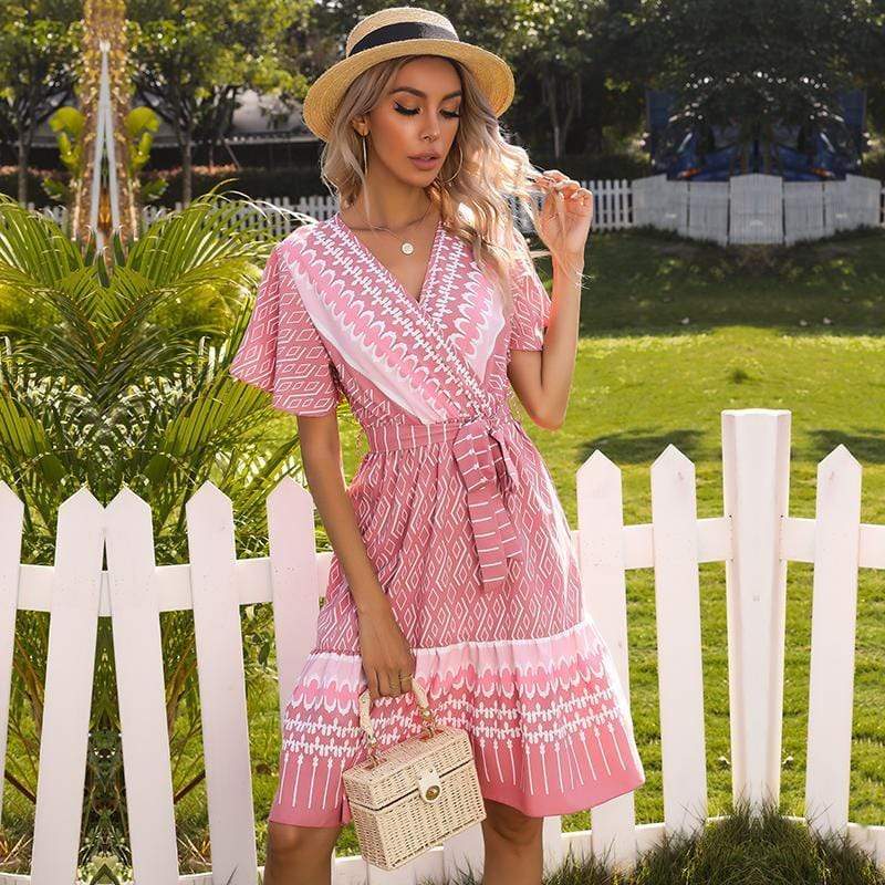 Anna-Kaci Boho Cross Diamond Patterned Midi Dress for Women Large 8-10 / Pink